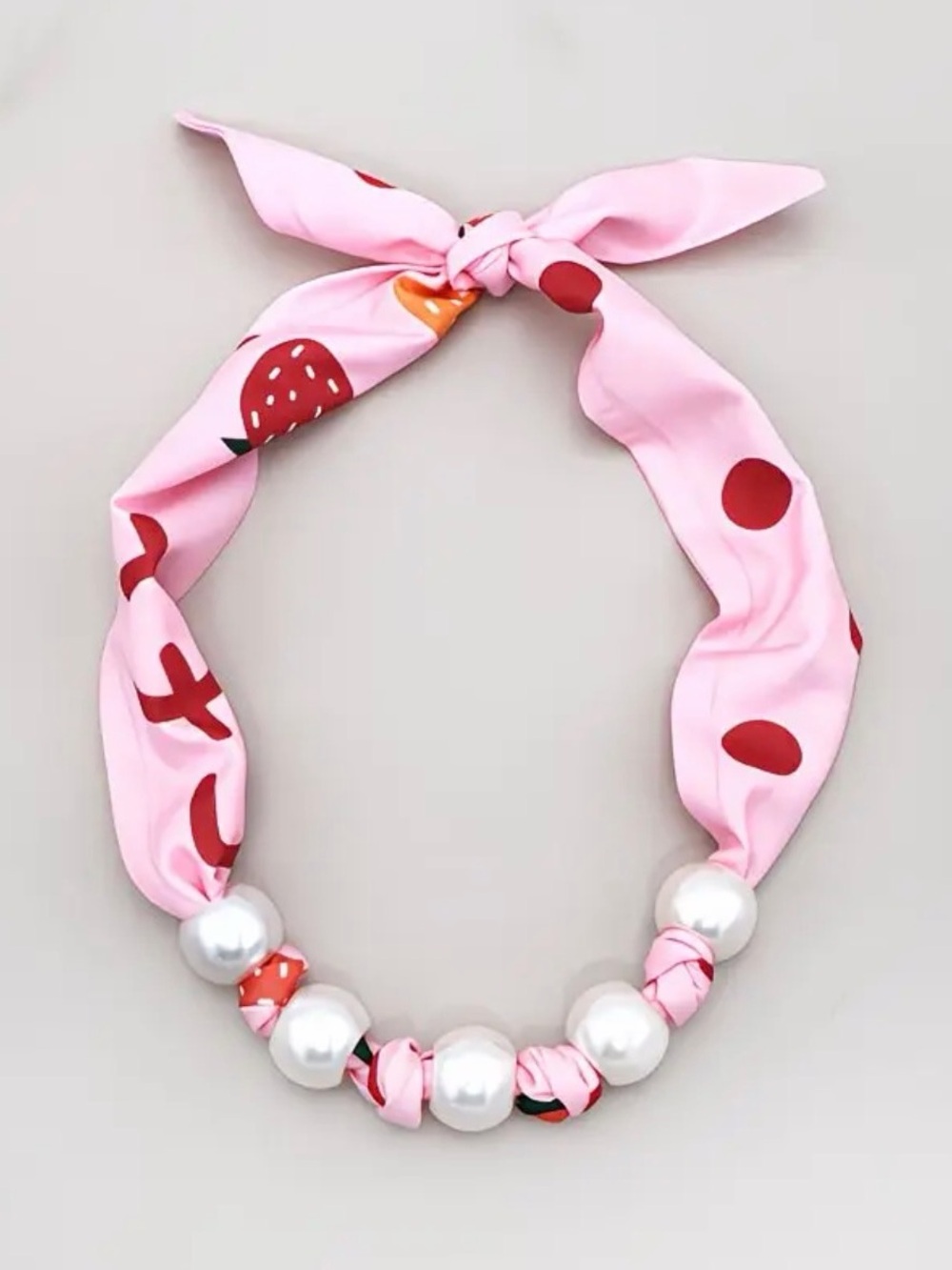 Small Pink Strawberry Clavicle Scarf Necklace w/ Large Faux-Pearls